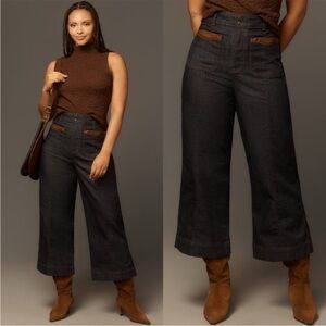 Maeve Dark Wash Cropped Wide-Leg Jeans with Brown Trim